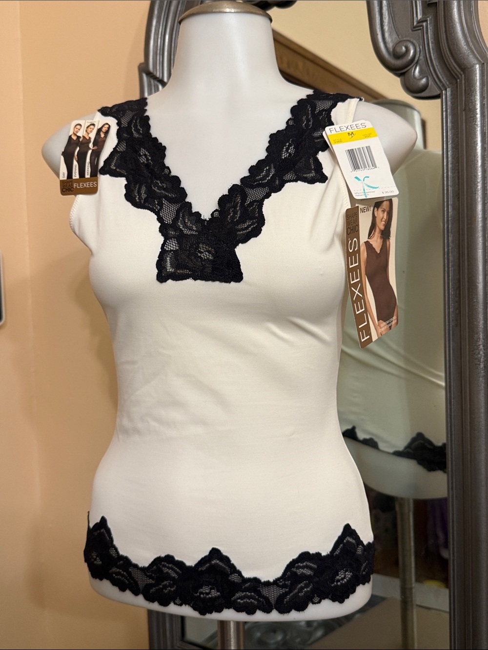Flexees Medium White Camisole with Black Lace Trim Shaping Top Layering 3366